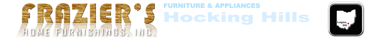 Header logo of Frazier's Home Furnishings with Furniture & Appliances, Hocking Hills, Phone Number and an Icon of the state of Ohio and a dot where we are located in the state.